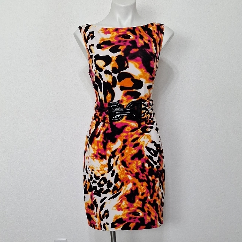 Cache "NEW" Colorful Neon Animal Print Mobwife Maximalism BeltedDress Size 14 - Picture 1 of 15